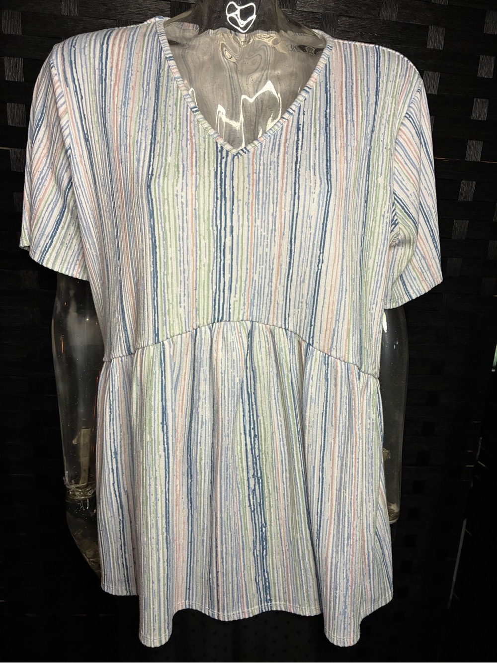 Striped V-Neck Babydoll Top in Pastel Stripe